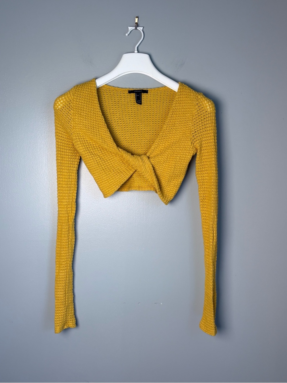 Mustard Yellow Waffle Knit Twist Front Crop Top Long Sleeve Small S
